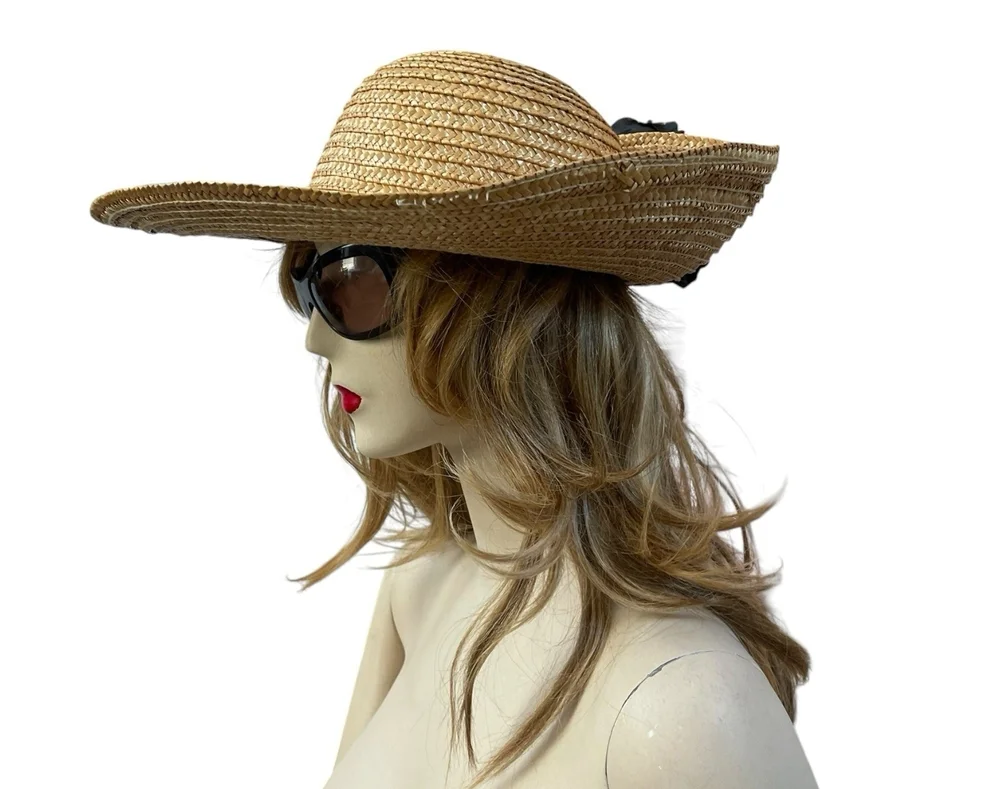 Vintage Wide Brim Natural Straw Sun Hat Black Satin Rose Flower Accent VG